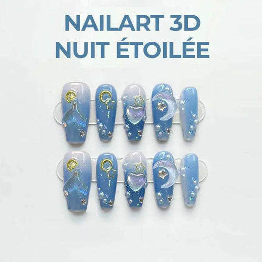 Faux Ongles Faits À La Main Nailart 3D Nuit Étoilée - Élégance Cheveux